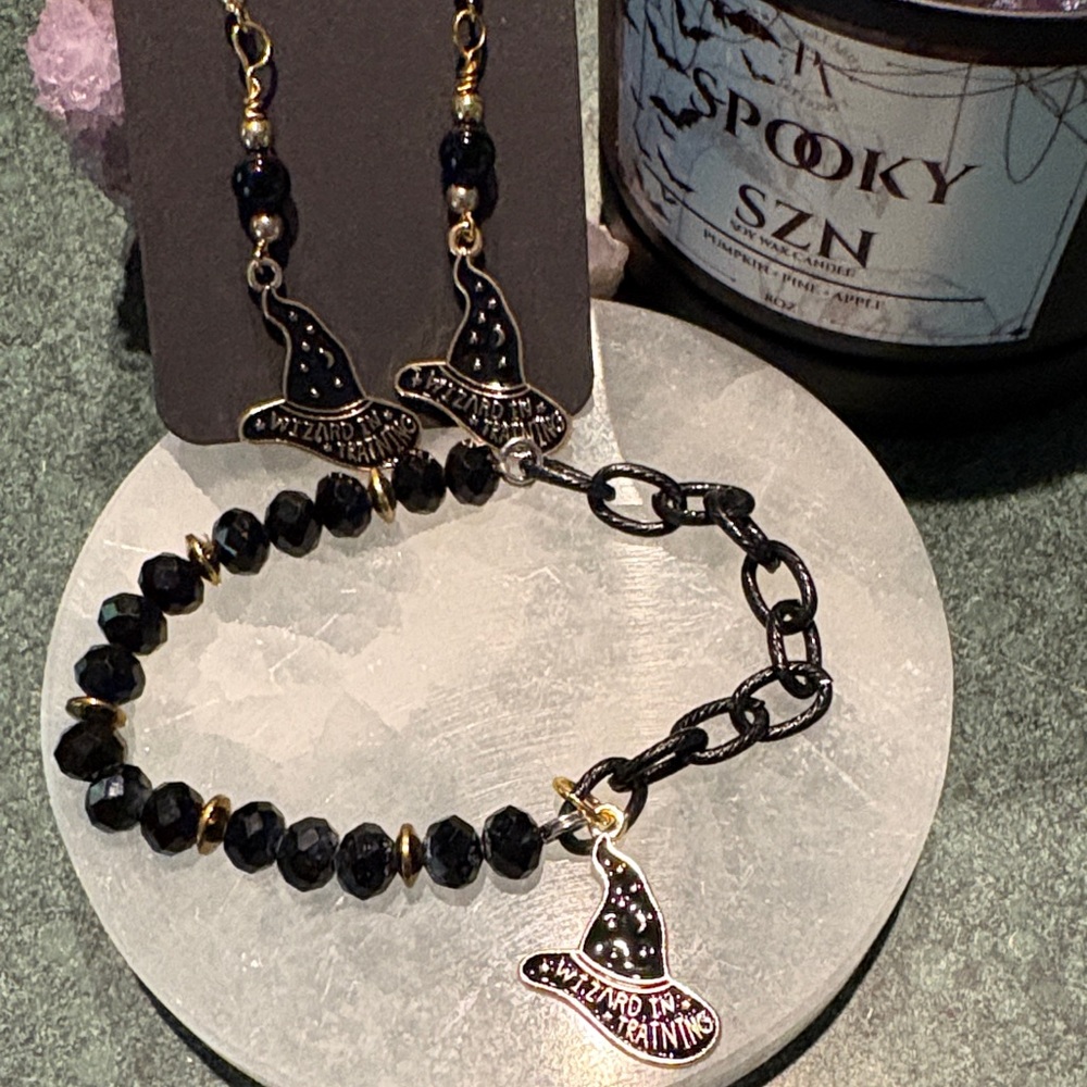 Wizard in training bracelet/earring set silver black onyx & glass